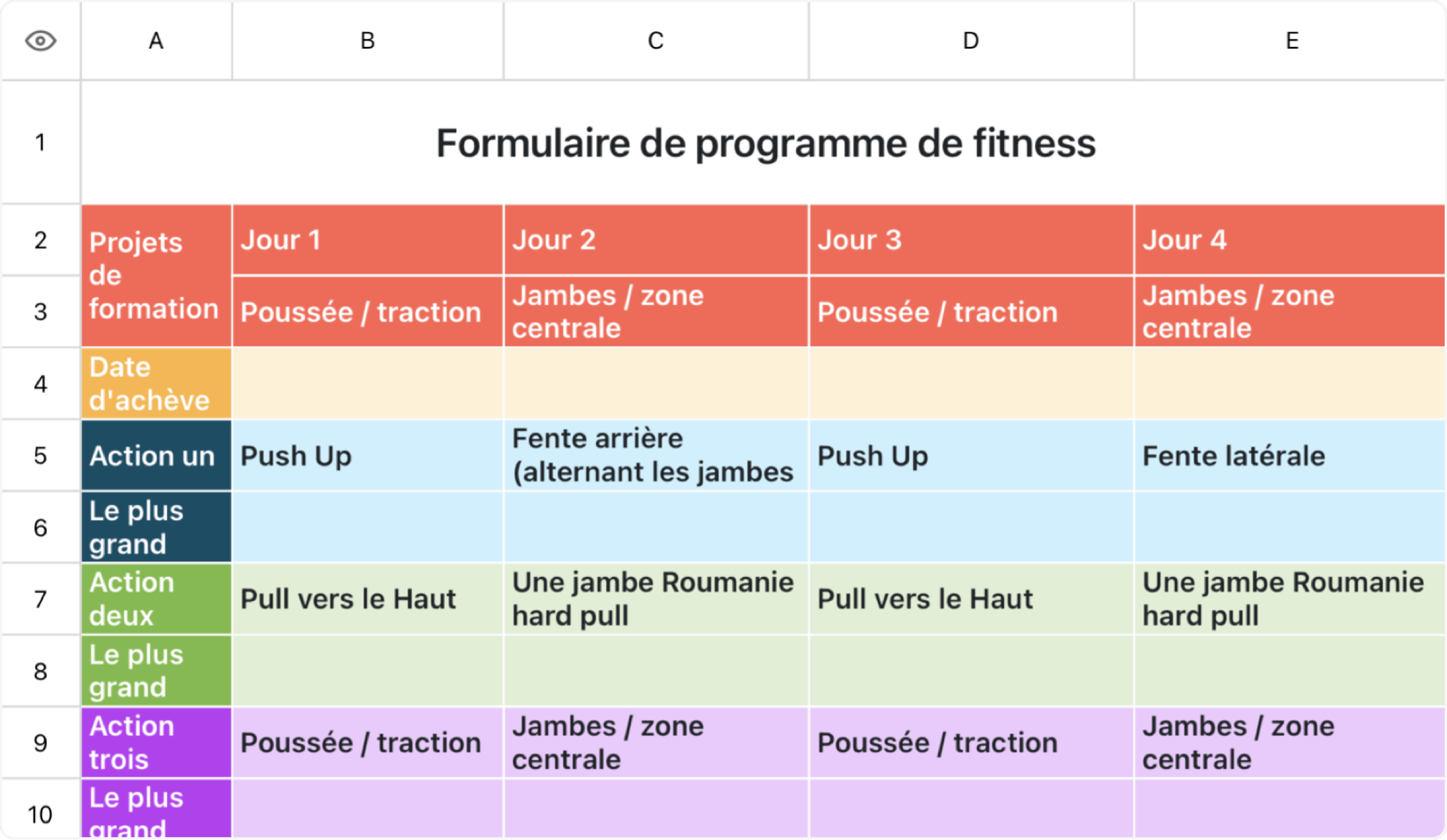 Programme de conditionnement physique Tableau 1